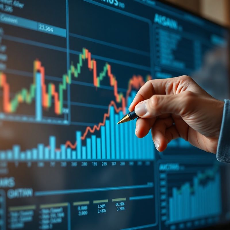 Analist financiar adnotând scenarii de risc pe grafice pe un ecran mat